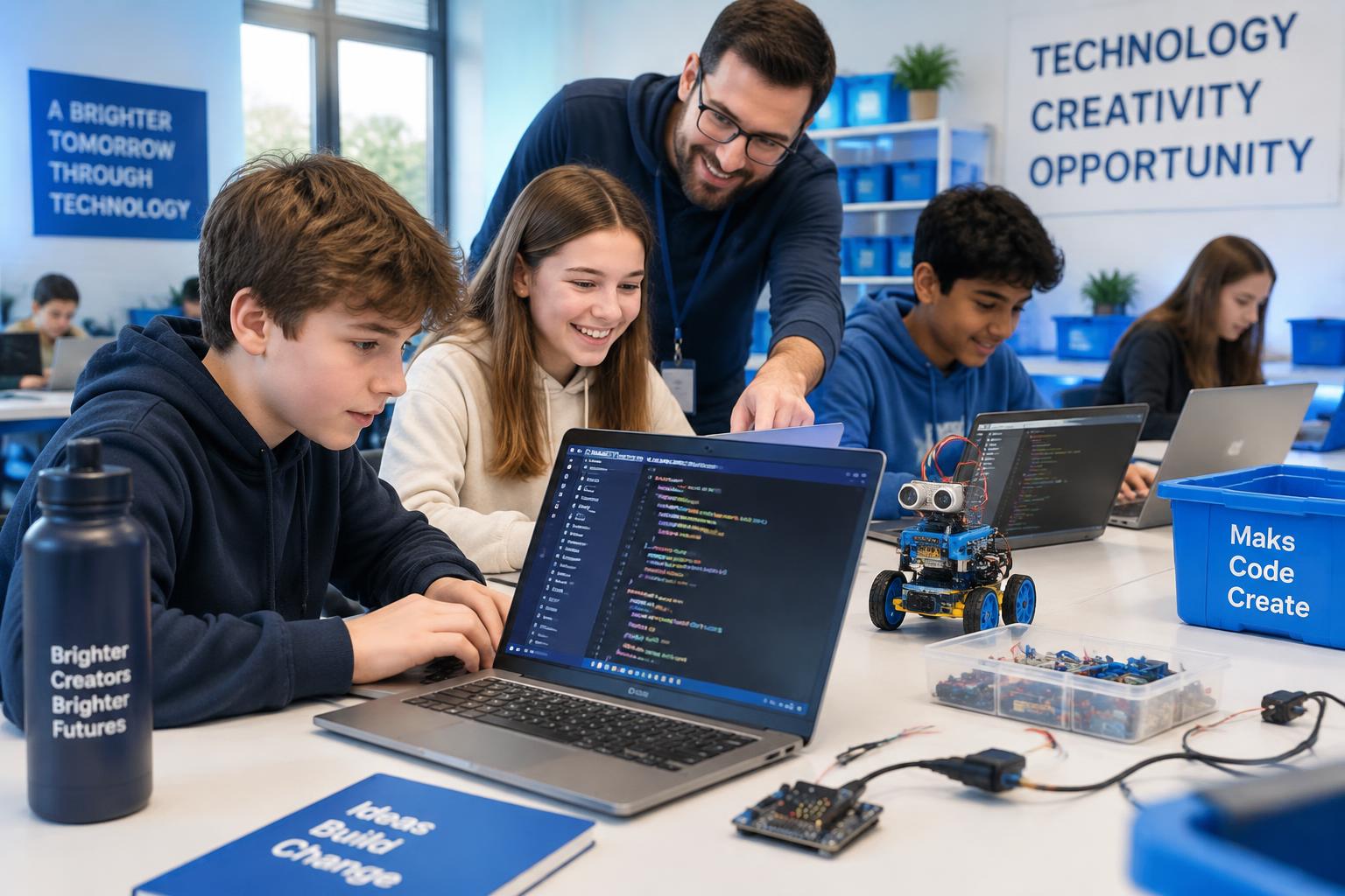 Children coding on laptops with a robotics kit at Excel Academy